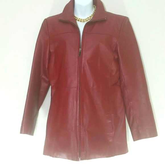 Worthington Genuine Leather Jacket Coat M Red Zip Front Pockets Lined Midi - Picture 2 of 3